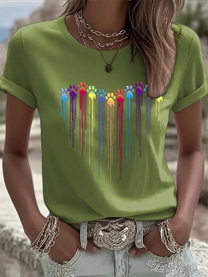 Women's Colorful Dog Heart Paw Print Casual  T-Shirt