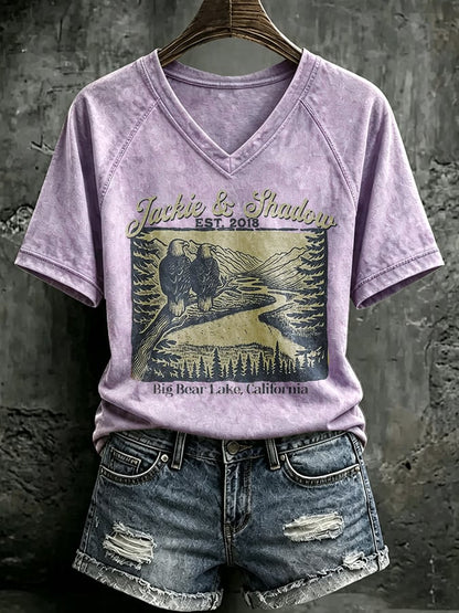 V Neck Retro Jackie & Shadow Est. 2018 Big Bear Lake, California Print T-Shirt