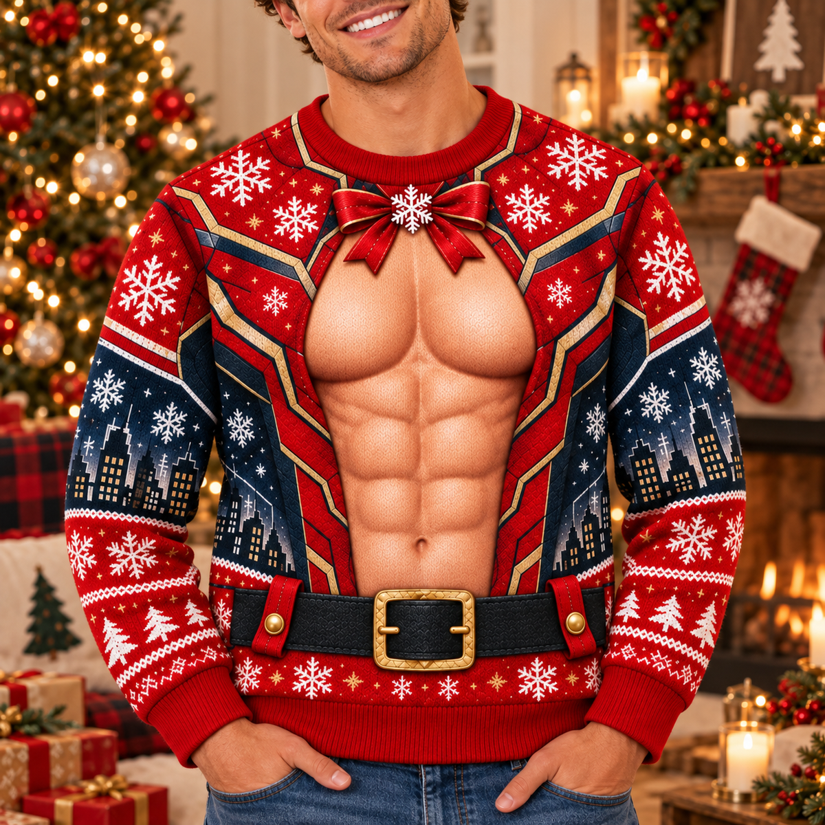 Custom Skin Tone Christmas Armor Sweater – Muscle Illusion Print