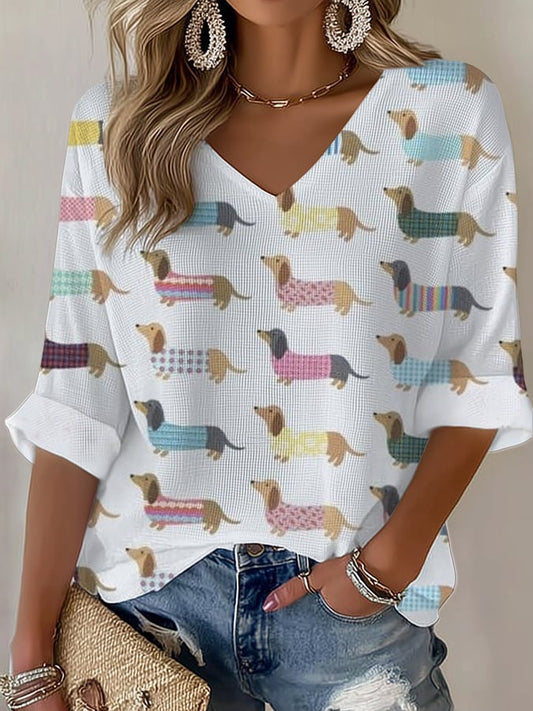 Women's Dachshund Print Waffle T-Shirt