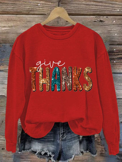 Women'S Casual Give Thanks Printed Long Sleeve Sweatshirt