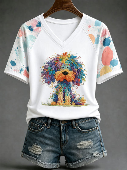 Ladies' Cute Dog V-Neck Casual T-Shirt