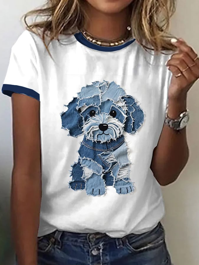 Women's Retro Funny Animal Dog Print Crew Neck T-Shirt