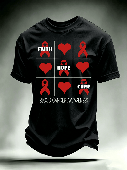 Men's T-shirts with designs promoting awareness of blood cancers