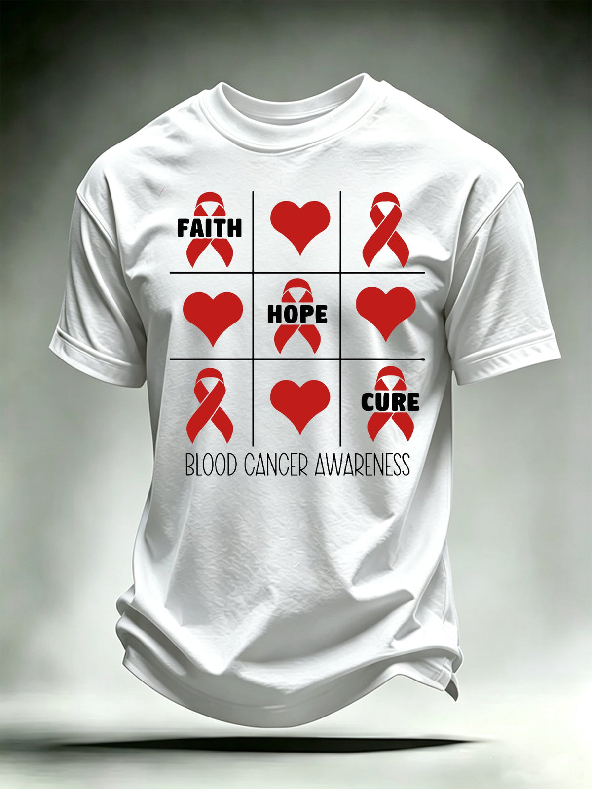 Men's T-shirts with designs promoting awareness of blood cancers