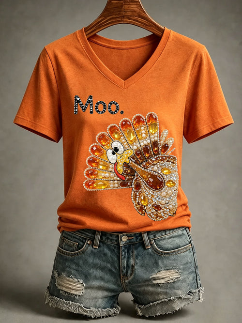 Women's Retro Thanksgiving Turkey Moo! Print T-Shirt