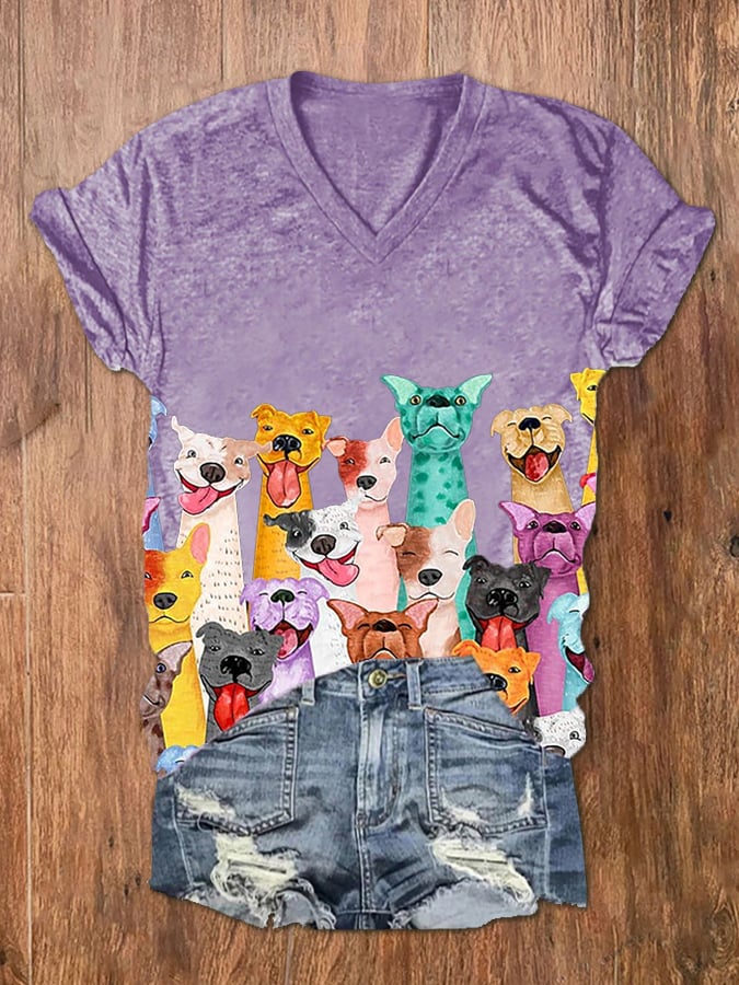 Women's Fun Colorful Dogs Print V-Neck T-Shirt