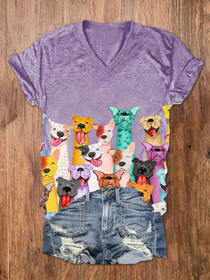 Women's Fun Colorful Dogs Print V-Neck T-Shirt