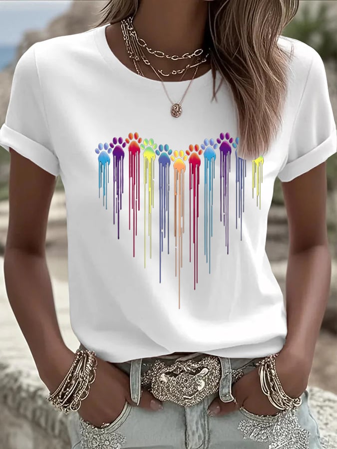 Women's Colorful Dog Heart Paw Print Casual  T-Shirt