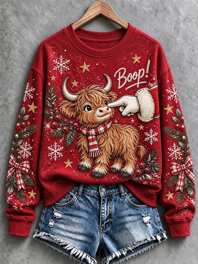 Women's Christmas Highland Cow Print Top