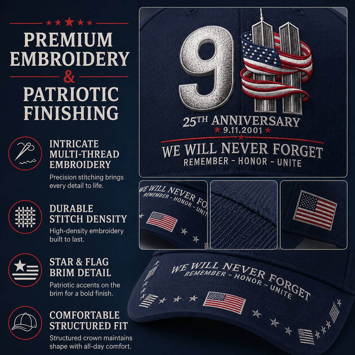 🔥LAST DAY 50% OFF - 9/11 25th Anniversary We Will Never Forget Memorial Baseball Cap – Unisex Patriotic Memorial Hat🧢 100% Cotton