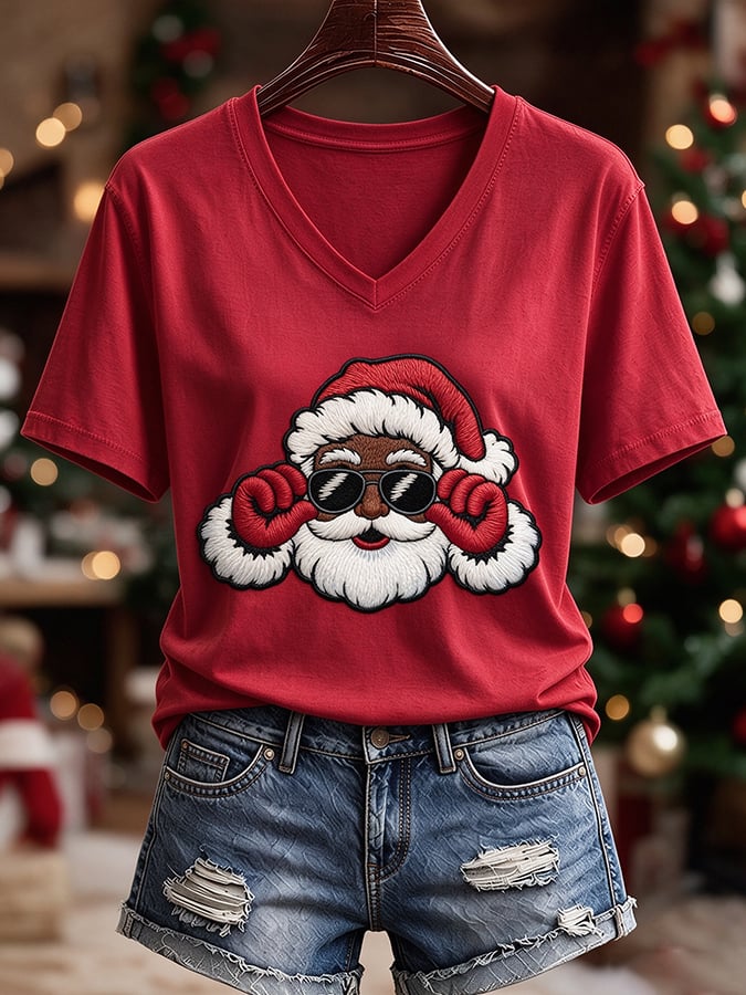 Black Women'S Christmas-Themed Printed Casual T-Shirt