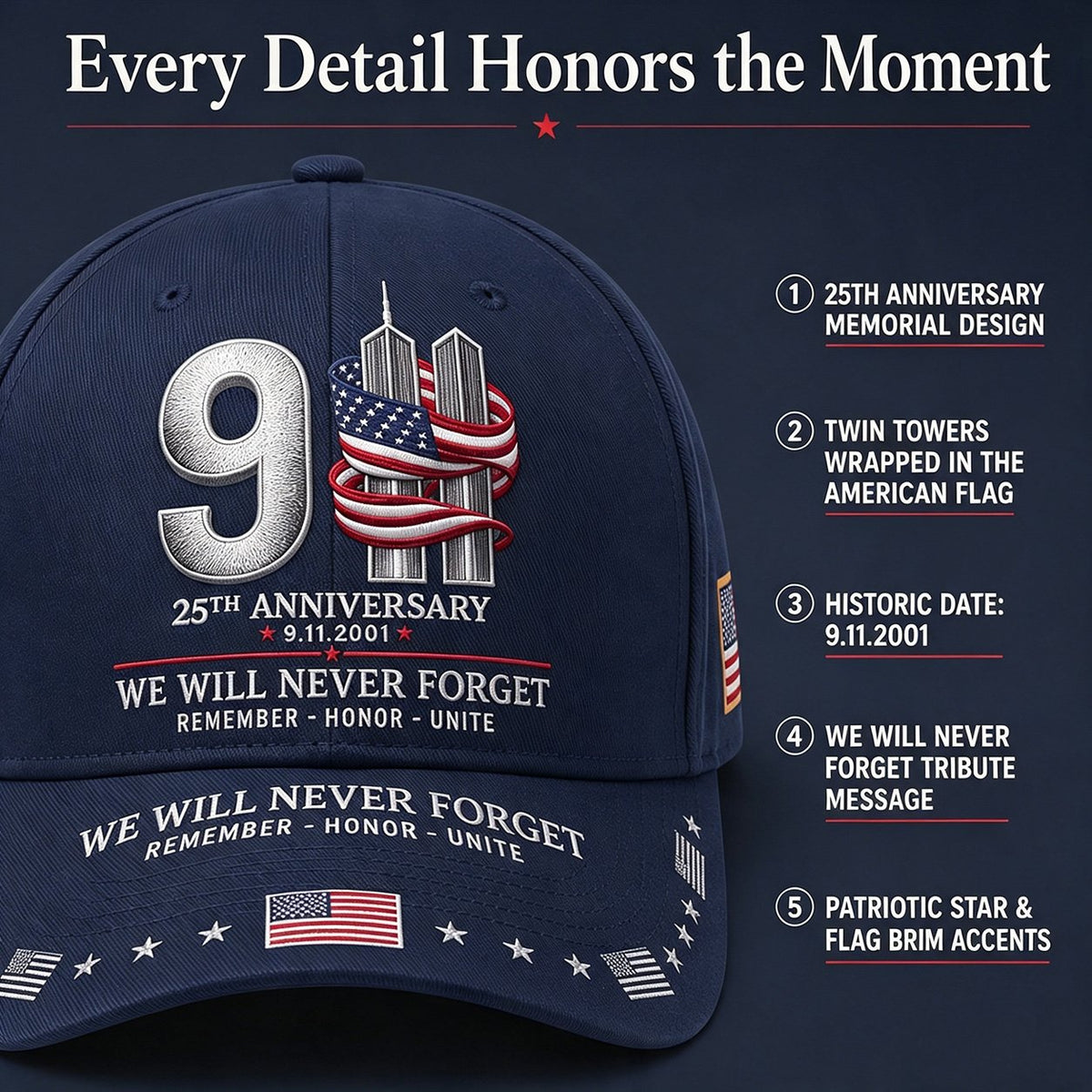 🔥LAST DAY 50% OFF - 9/11 25th Anniversary We Will Never Forget Memorial Baseball Cap – Unisex Patriotic Memorial Hat🧢 100% Cotton