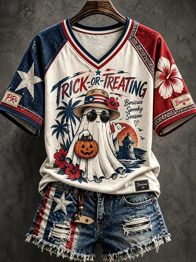 Women's Retro  Puerto Rico  Halloween Printed Top