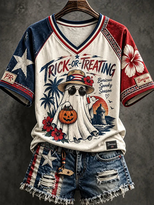 Women's Retro  Puerto Rico  Halloween Printed Top