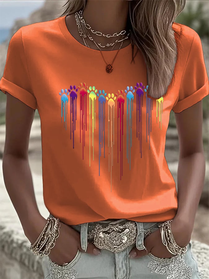 Women's Colorful Dog Heart Paw Print Casual  T-Shirt