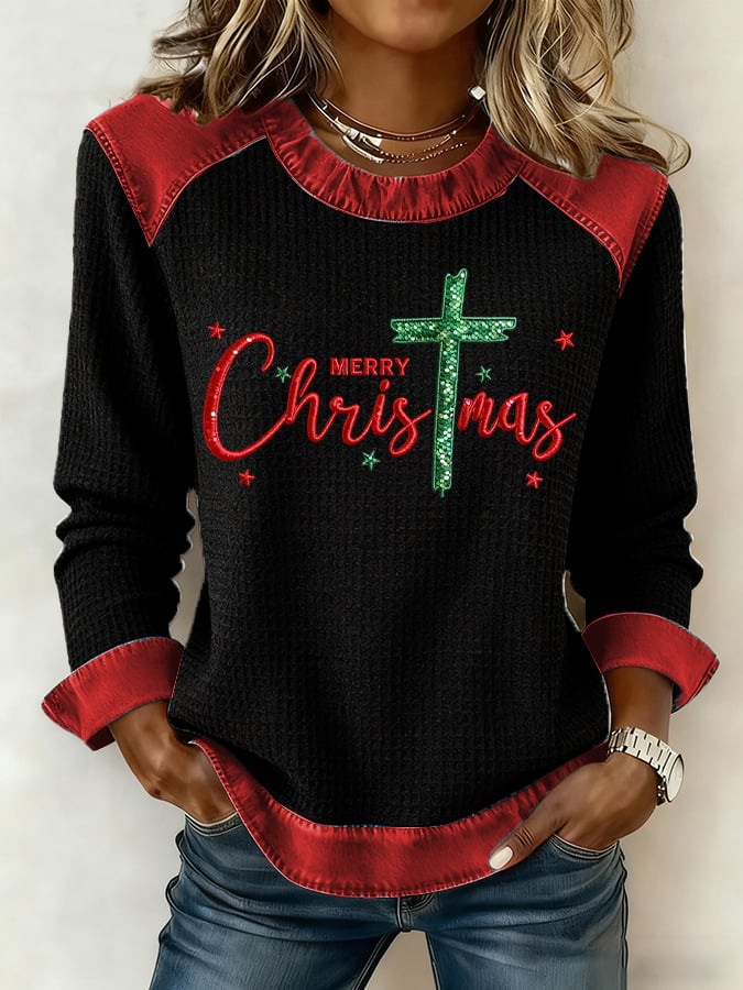 Women's Casual Christmas Faith Waffle Top