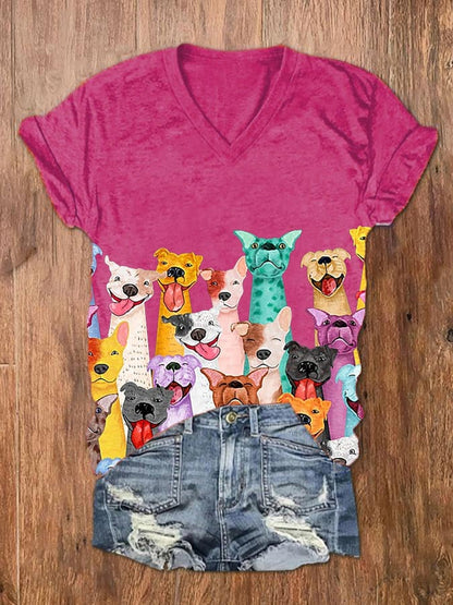 Women's Fun Colorful Dogs Print V-Neck T-Shirt