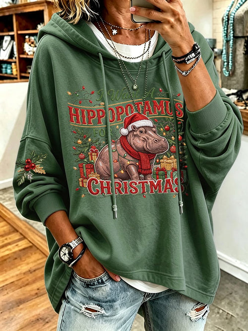 Retro I Want A Hippopotamus For Christmas Print Hoodie