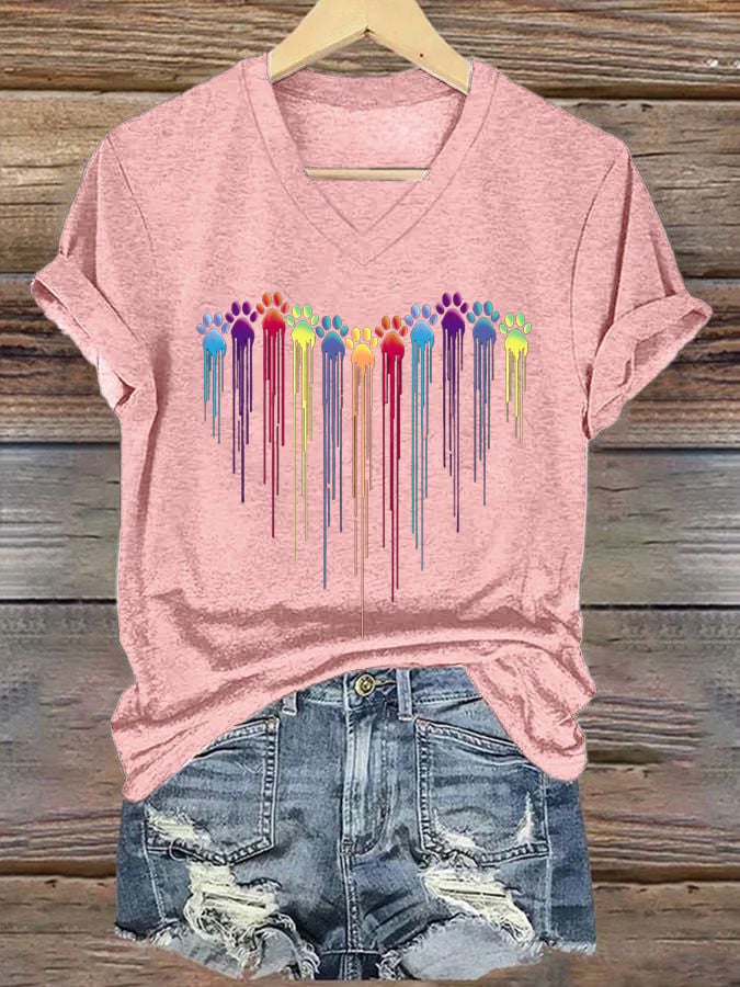 Women's Colorful Dog Heart Paw Print Casual T-shirt