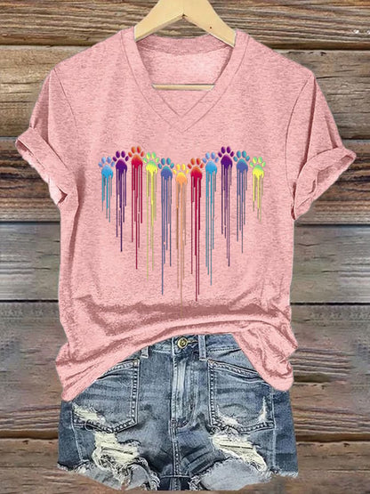 Women's Colorful Dog Heart Paw Print Casual T-shirt