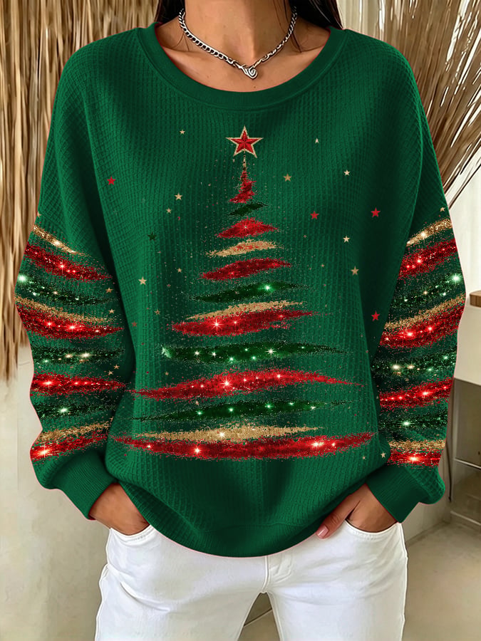 Women's Casual Printed Waffle Long-Sleeve Top