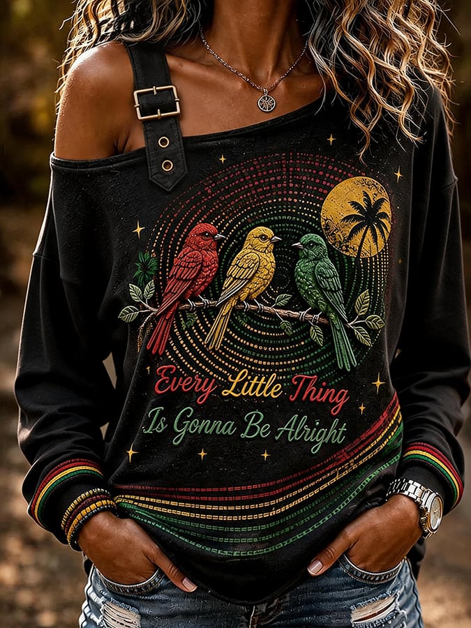 Women'S Printed Off-Shoulder Sweatshirt With The Theme "Everything Will Eventually Go Smoothly, And Everything Will Be Alright"