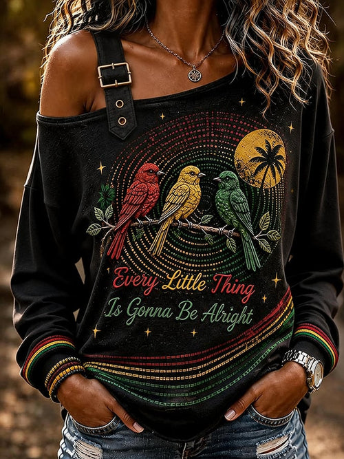 Women'S Printed Off-Shoulder Sweatshirt With The Theme "Everything Will Eventually Go Smoothly, And Everything Will Be Alright"