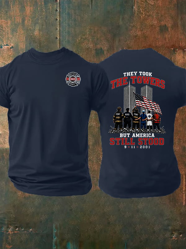 Men's BUT AMERICA STILL STOOD Print Crew-Neck T-Shirt