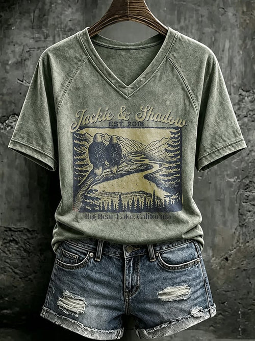 V Neck Retro Jackie & Shadow Est. 2018 Big Bear Lake, California Print T-Shirt