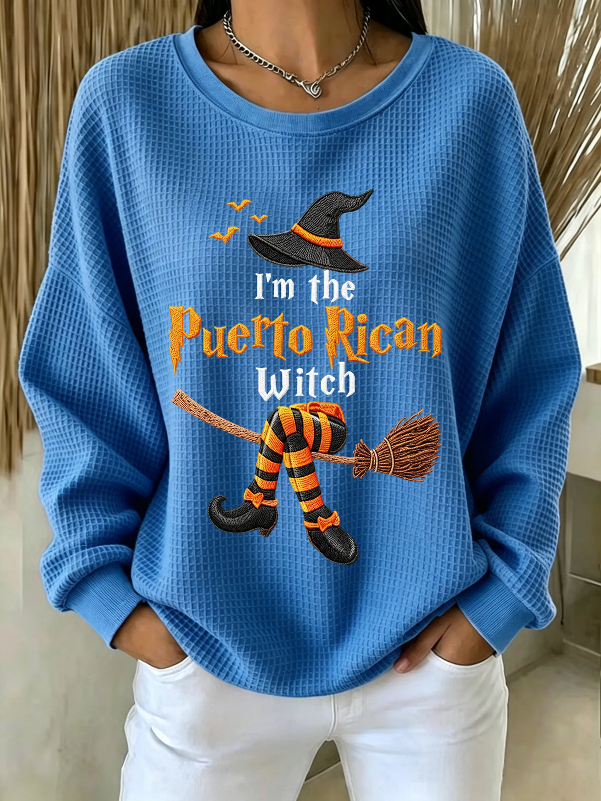 🎃Women's Halloween in Puerto Rico Print Waffle-Knit Top