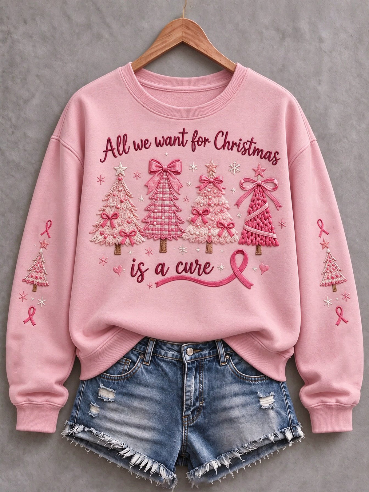 Women's Christmas Breast Cancer Print Fleece-Lined Crewneck Sweatshirt