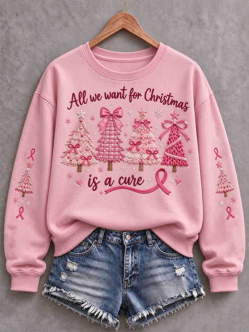 Women's Christmas Breast Cancer Print Fleece-Lined Crewneck Sweatshirt