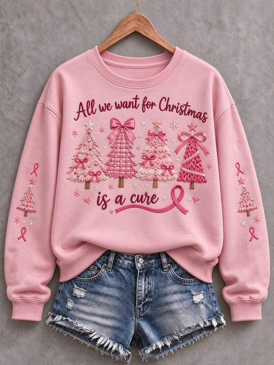Women's Christmas Breast Cancer Print Fleece-Lined Crewneck Sweatshirt
