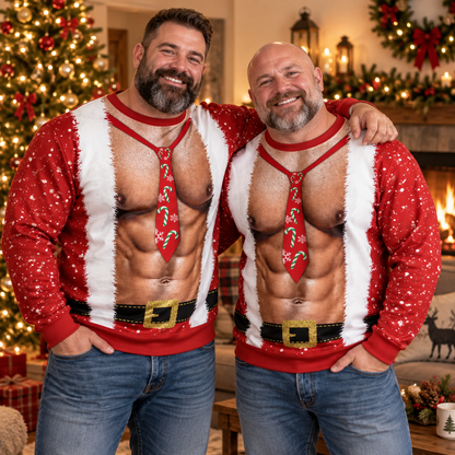 Funny Shirtless Santa Ugly Christmas Sweater – Body Illusion Holiday Party Sweatshirt