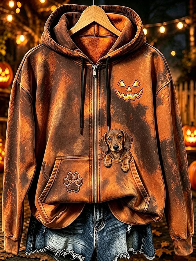 Women's Halloween Cute Dog Pumpkin Face Print Casual Sweatshirt