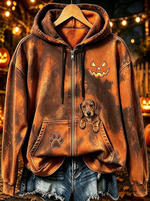 Women's Halloween Cute Dog Pumpkin Face Print Casual Sweatshirt