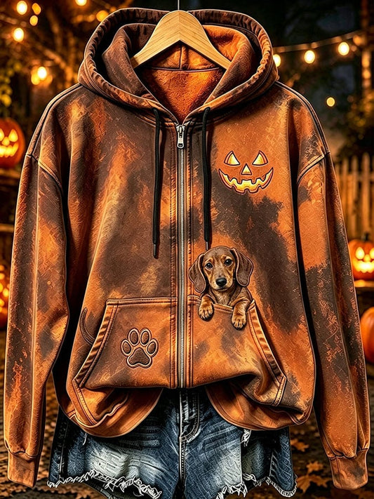 Women's Halloween Cute Dog Pumpkin Face Print Casual Sweatshirt