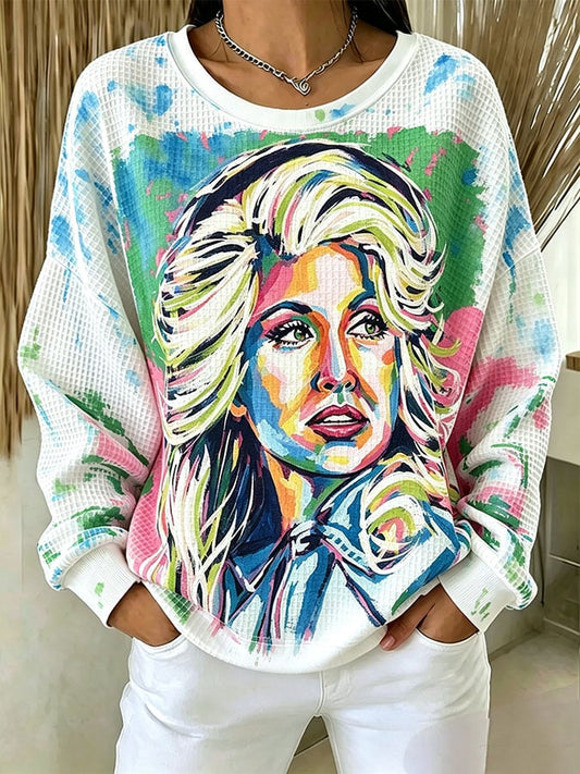 Women's Casual Printed Waffle Long-Sleeve Top