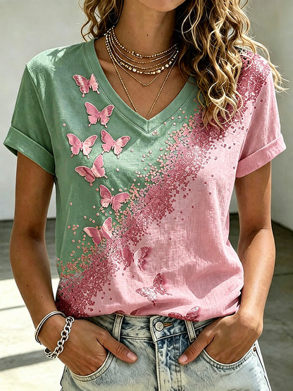Pink Butterfly V-Neck T-Shirt