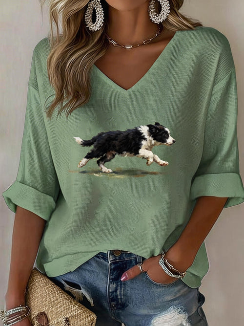 Women's Cute Dog Print V-Neck Top