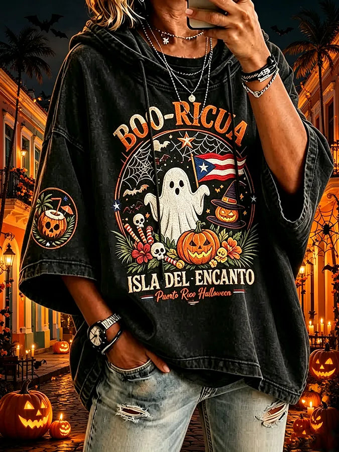 Women's Puerto Rico Halloween Print Graphic Waffle-Knit Casual T-Shirt