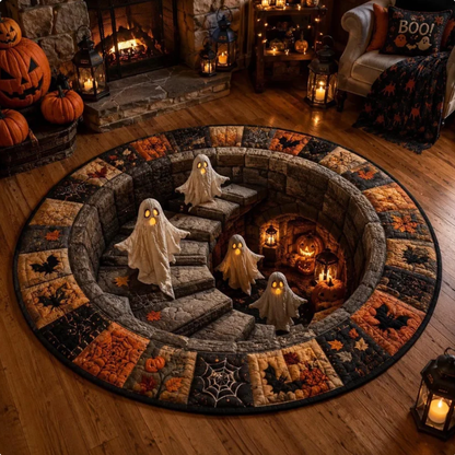 🎃 3D Optical Illusion Skeleton Vortex Quilted Round Halloween Rug