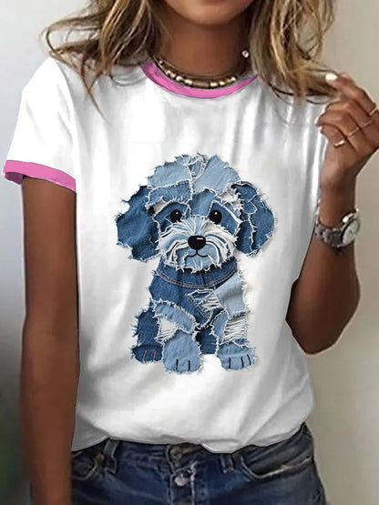 Women's Retro Funny Animal Dog Print Crew Neck T-Shirt