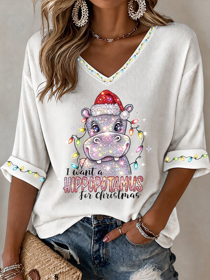 V-Neck Retro I Want A Hippopotamus For Christmas Print T-Shirt