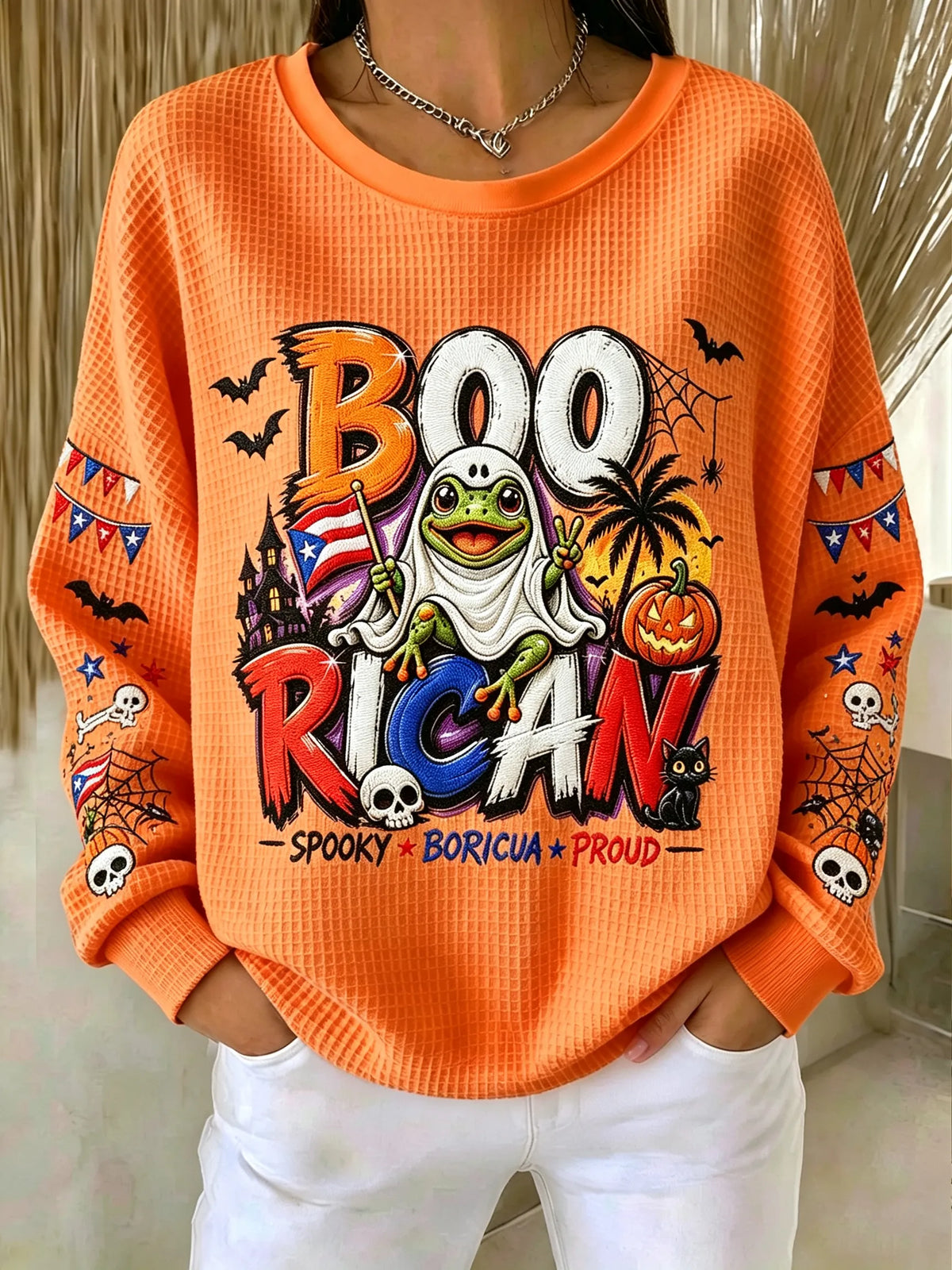 🎃Women's Halloween in Puerto Rico Print Waffle-Knit Top