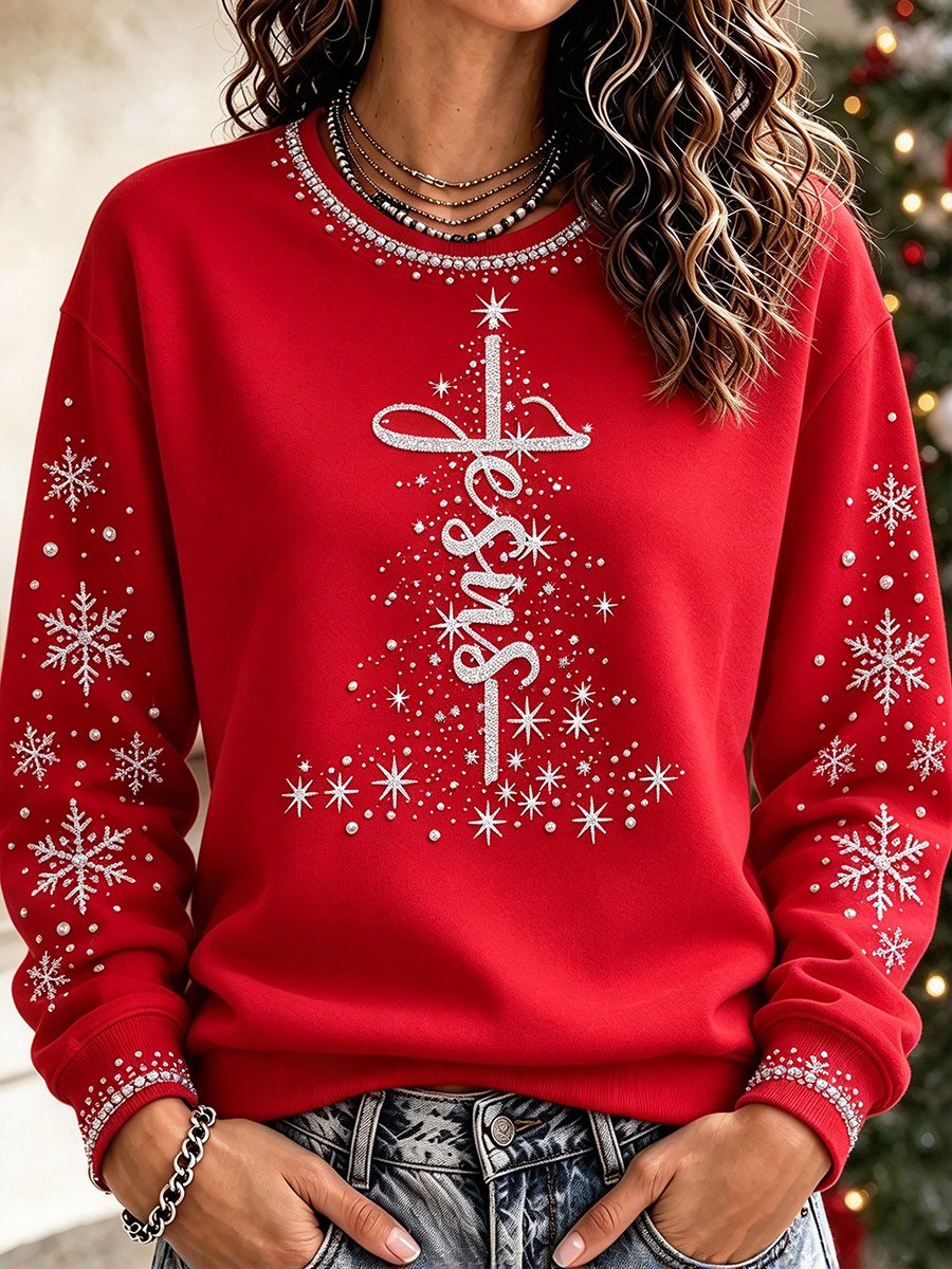 Women's Christmas Print Round Neck Long Sleeve Top