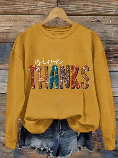 Women'S Casual Give Thanks Printed Long Sleeve Sweatshirt