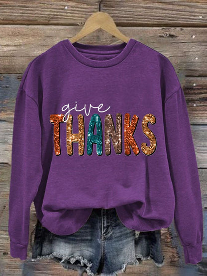 Women'S Casual Give Thanks Printed Long Sleeve Sweatshirt