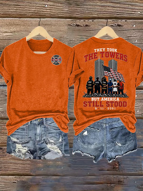 Women's BUT AMERICA STILL STOOD Print Crew-Neck T-Shirt